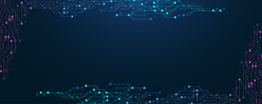 Modern technology circuit board texture background design. Quantum computer technologies concepts, large data processing. Futuristic blue circuit board background. Minimal vector motherboard