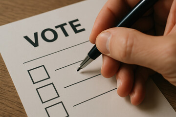 Poll form being filled with ballot choices and a hand writing to cast a vote to participate in democracy
