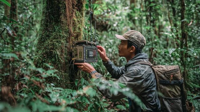 Ultra HD A conservationist setting up a camera trap in a lush rainforest, capturing wildlife and monitoring biodiversity in a remote and vital ecosystem