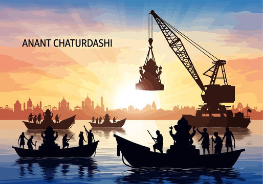 Anant Chaturdashi Sunset Scene With People Immersing Ganesha Idols From Boats And Crane