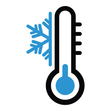 A vector icon of a thermometer with the temperature indicating cold, represented by a low blue liquid level and an adjacent blue snowflake. Symbolizes cold weather, low temperature, freezing.