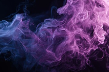 Abstract mystical design with swirling purple and pink smoke on black backdrop, offering copy space for text or graphics and evoking a dreamy, fantasy atmosphere.