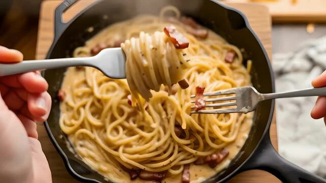 Twirling creamy pasta carbonara with bacon in a rustic cast iron skillet