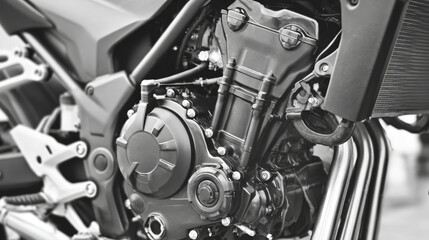 Obraz premium Close up of black and white sport motorcycle engine showing detailed mechanical parts, horizontal composition emphasizing motorbike design, technology, and performance features in full frame view