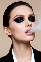 Striking model with dramatic smoky eye makeup exhales vapor, exuding confidence and modern elegance in a professional studio setting.
