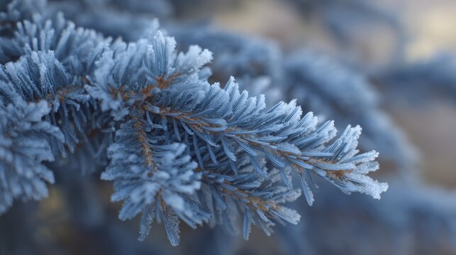 Close-up of frozen blue spruce tree needles covered with delicate rime ice crystals in winter. Frosty pine branches with cold texture, nature detail, seasonal weather, and frozen beauty background