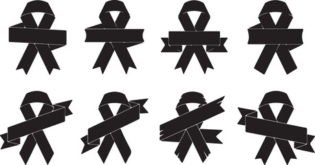 Collection of eight black ribbon designs with banners, isolated on white background