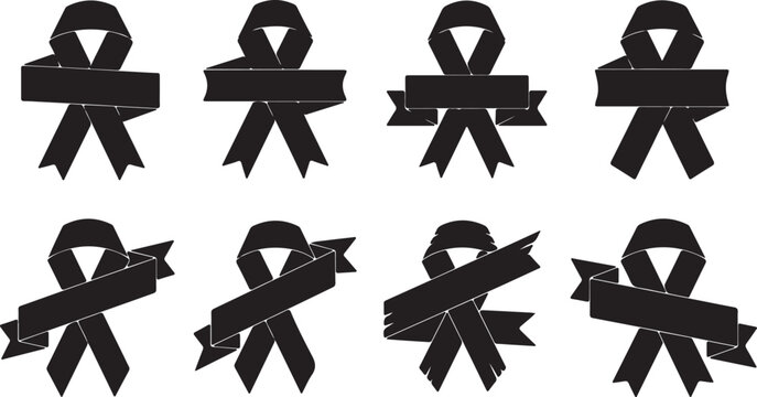 Collection of eight black ribbon designs with banners, isolated on white background