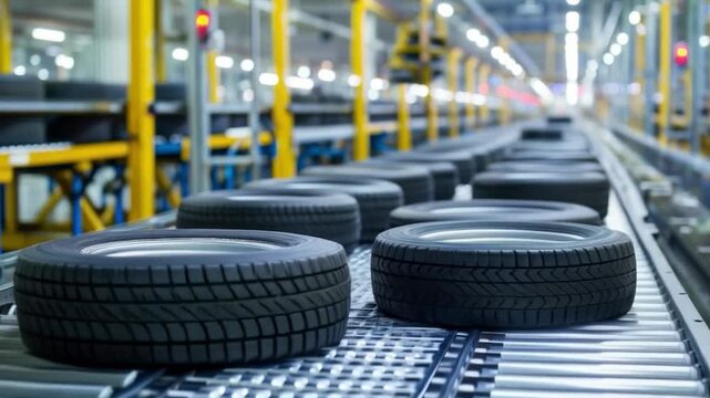 A modern industrial plant with a conveyor belt carrying new car tyres demonstrates an automated production process, which will serve as an excellent backdrop for materials on technological innovation 
