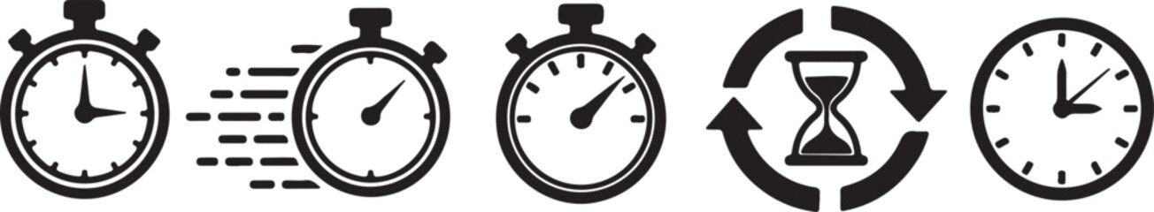 Collection of five black icons representing time, including stopwatches, an hourglass with rotation arrows, and a clock, isolated on white background