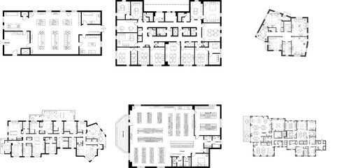 Collection of six architectural floor plans showing interior layouts of buildings