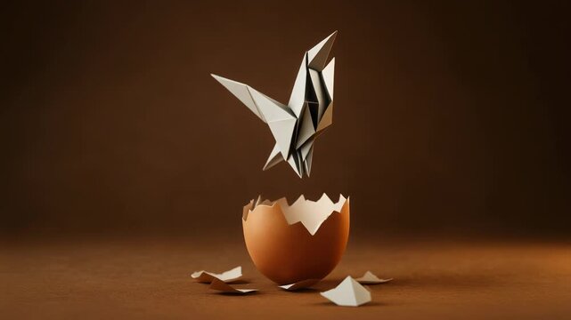 Rising potential breakthrough and ambition depicted by an origami bird emerging from an eggshell symbolizing growth opportunity and startup momentum