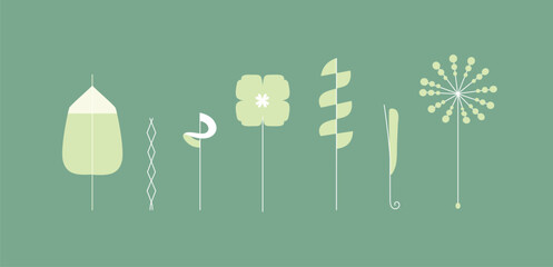 Spring colorful flower elements collection drawing with light color on green background