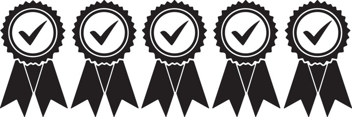 Five black award ribbons with checkmarks isolated on white background
