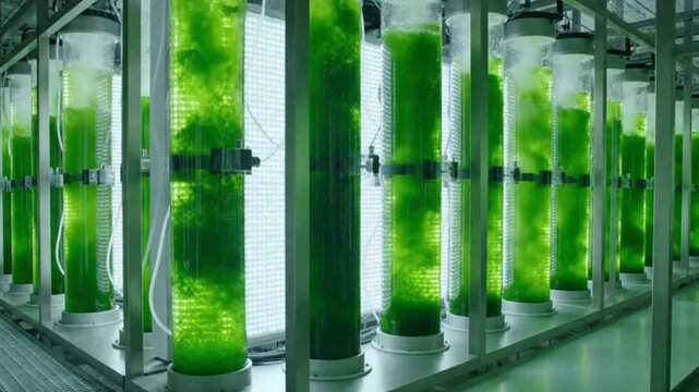 Accelerated Microalgae Growth &mdash; Glowing Green Biomass, Photobioreactors, Sustainability Aesthetic, Seamless Loop