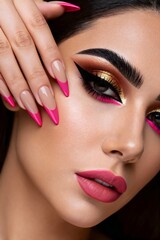 Stunning close-up showcases a woman's bold, glamorous makeup with striking winged eyeliner, vibrant pink accents, and perfectly sculpted brows, complemented by elegant French tip nails.