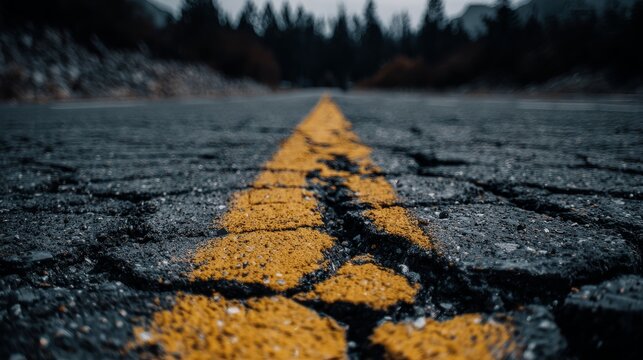 Cracked asphalt road with broken surface, dry damaged texture, rough urban pavement and distressed cracks, symbol of decay, destruction, old infrastructure, climate impact and industrial environment