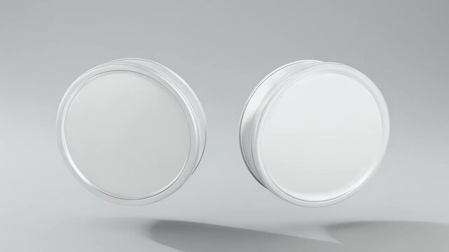 Two floating white circular containers with clear rims against a seamless pale grey backdrop