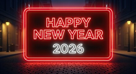 Ring in the new year with a vibrant neon sign proclaiming Happy New Year 2026 illuminating a cobblestone street at night