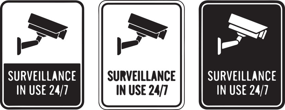 Three surveillance camera signs with the text surveillance in use 247 in black and white
