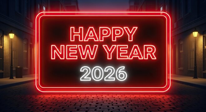 Ring in the new year with a vibrant neon sign proclaiming Happy New Year 2026 illuminating a cobblestone street at night