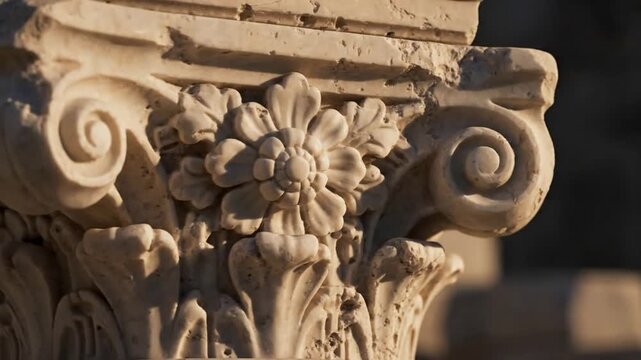 Close-up of an ornate carved stone capital on a classical column with floral and acanthus leaf details.