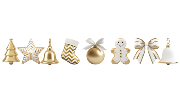 Collection of golden and white Christmas ornaments including trees, stars, bells, stockings, baubles, gingerbread man, and bows, isolated on a white background.