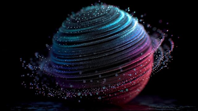 Colorful spiral sphere with particle spray forming a dynamic abstract shape against dark background digital motion effect implying energy and data