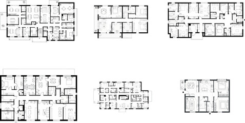 Group of six architectural floor plans displaying various building interior configurations © SampaRani