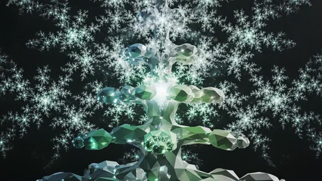 Geometric Christmas tree with glowing green facets and sparkling snowflakes against dark background