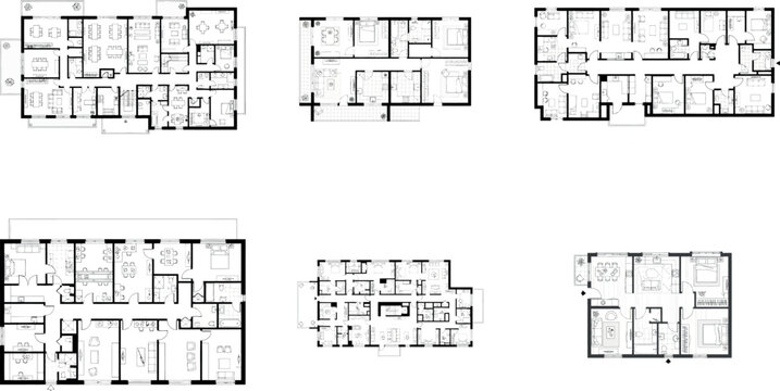 Group of six architectural floor plans displaying various building interior configurations