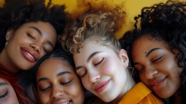 Happy young women hugging and smiling against a bright yellow background symbolise friendship and joy, making it a great backdrop for social advertising or projects about unity and support.
