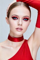 Stunning woman with dramatic red eye makeup and sleek hairstyle embodies modern glamour and bold fashion.