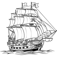 Majestic pirate galleon sailing through choppy seas under skull and crossbones flags