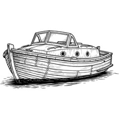 Classic wooden motorboat resting on gentle water waves, vintage maritime style