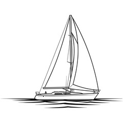 Sleek sailboat glides across stylized water with sails full of wind