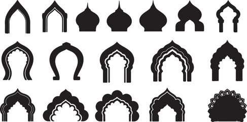 Collection of black silhouette islamic arch and dome architectural elements isolated on white background