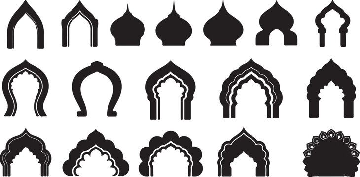 Collection of black silhouette islamic arch and dome architectural elements isolated on white background