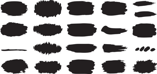 Collection of black brush stroke shapes and splatters isolated on a white background