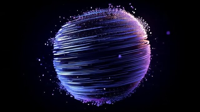 Abstract spherical form luminous loops and particles swirling bands light in blue and purple glow against dark background conveying digital energy and motion