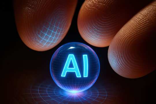 Abstract concept artificial intelligence represented by a glowing blue sphere with AI text held by fingers holographic grid projection futuristic technology theme digital detail