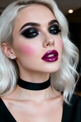 Stunning woman with dramatic smoky eye makeup and bold purple lips, exuding modern glamour and edgy sophistication for fashion campaigns.