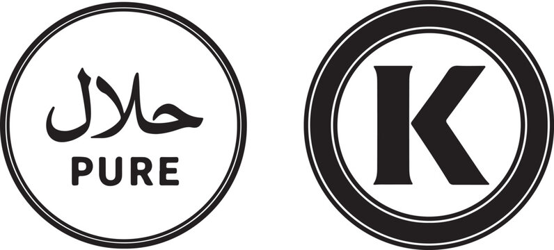 Halal and Kosher Food Certification Icon Set. Pure Islamic and Jewish Dietary Label Symbols Vector Illustration.