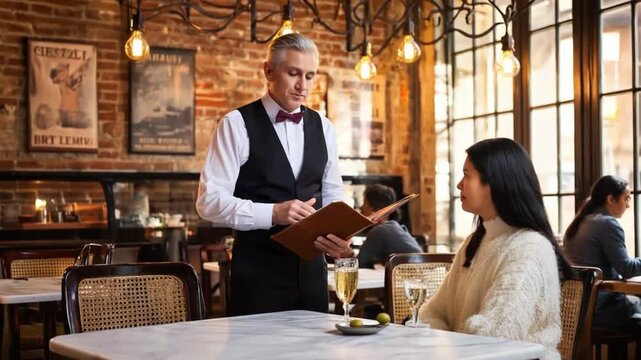 Waiter giving the menu to the customer.	

