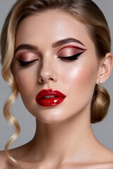 Stunning woman with bold red lipstick and dramatic winged eyeliner showcasing glamorous makeup for a fashion campaign or beauty advertisement