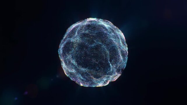 Abstract sphere composed numerous small glowing dots forming a dynamic network against a dark background