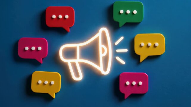 Vibrant communication concept with a glowing megaphone icon surrounded by colorful chat bubbles on a blue background conveying announcements and social messaging