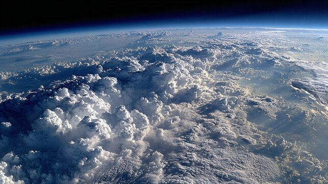 Satellite view looking straight down on the clouds, sparse Fluffy clouds, on black space background