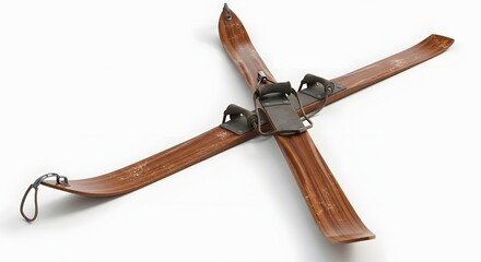 Vintage Wooden Skis with Metal Bindings Displayed on a White Background