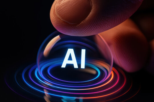 Neon glow surrounding a hand pressing a glowing AI symbol; futuristic concept artificial intelligence and digital interface with vivid circular light rings